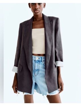 Zara Slate Gray Open-Front Blazer with Turn-Up Striped Sleeve Detail